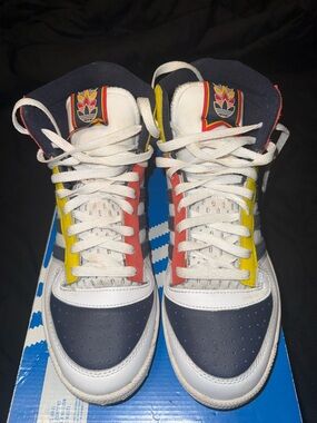 adidas men 8.5 High-Top Sneakers - White, Navy, Red & Yellow send offers